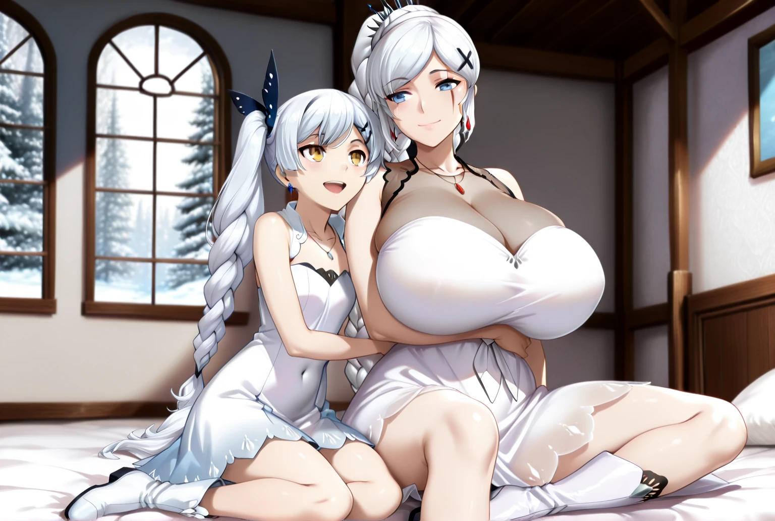 score_9,score_8_up,score_7_up,source_anime, pov, 2 girls, masterpiece, intricate details, best quality, ((nude)) BREAK Illustrious (Azur Lane), blue eyes, white hair, long hair, mole, mole under eye, huge breasts, BREAK formidable(azur lane), long hair, red eyes, bangs, ribbon, very long hair, hair ribbon, twintails BREAK from front, ass visible from front, (slimthick:1.1), wide hips, huge hips, (bottomheavy:1.1), (bubble butt:1.2), (gigantic ass, hyperass, hyper:1.3), (ass visible from front:1.1), (gigantic breasts, hyperbreasts), navel, pussy, large nipples, large areolae, (collarbone:1.2) BREAK full-face blush, blush, in heat, out of breath, smile, closed mouth BREAK (full body, barefoot:1.2), (sitting on bed), ((scenery, bedroom, morning, fancy, indoors, sunlight), collar, pregnant