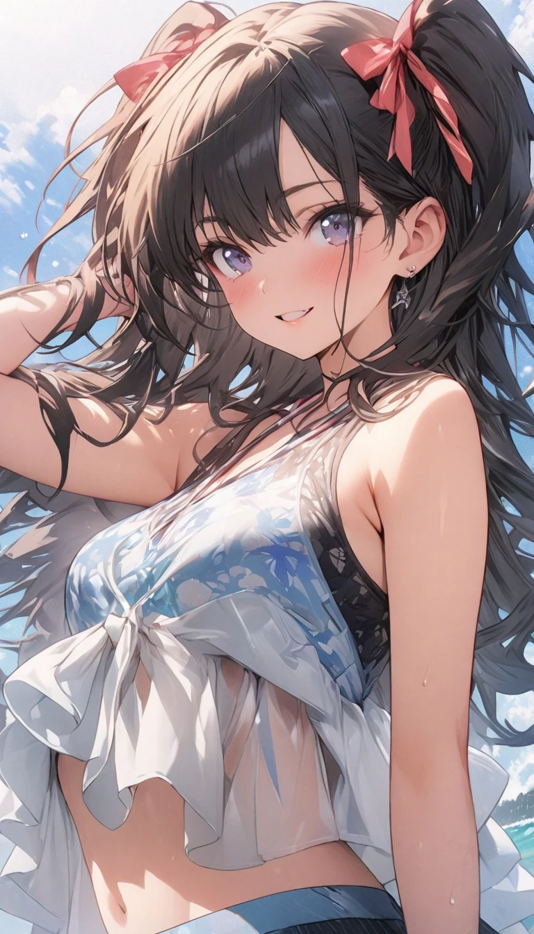 ((top-quality、in 8K、masterpiece:1.3))、foco nítido:1.2、Beautiful Women in Perfect Style:1.4、Slender Abs:1.2、((dark brown hair、Colossal tits:1.2))、(natural soft light、Ocean Beach:1.1)、Highly detailed facial and skin texture、A detailed eye、二重まぶた、Mai Shiraishi