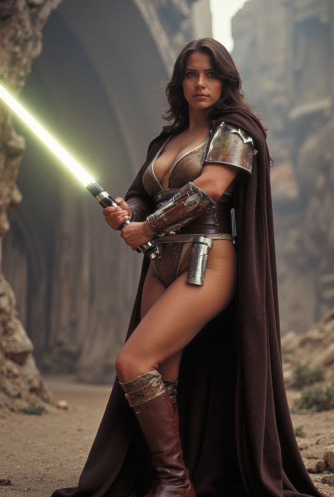 Concept art of a female human Jedi knight.,(brunette)., Star Wars, slender body, dark brown long hair blowing in the wind., Jedi robes and robes, black belt,(macbook), high-detail, Create a shock, Star Wars concept art, deep cleavage, large breasts, holding green lightsaber in hand, tatooine in the background