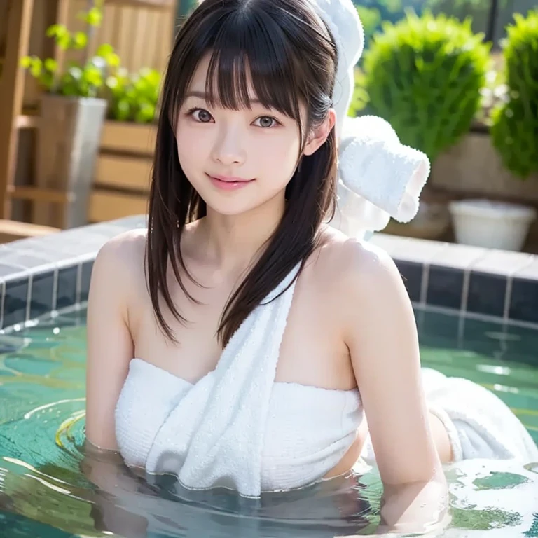 最high quality、high quality、Best image quality、8k、最High resolution、High resolution、最high quality、masterpiece、Detailed and realistic human body、Detailed and realistic skin、Realistic face in every detail、Realistic reproduction of every detail、Detailed and realistic lips、Detailed and realistic teeth、Detailed and realistic ears、Detailed and realistic hair、Detailed and realistic weapons、Realistic reproduction of every detail、Realistic fingers in every detail、(Beautiful Hands、thumb１reference４)、Realistic feet down to the last detail、((Beautiful Japanese Girl))、(Japanese Model), (Japanese women)、((18 year old beautiful girl))、(Black Hair)、(Random hairstyle)、((whole body))、((Beautiful upward-facing breasts))、(Slim and perfect figure)、(whole body光沢肌、Fair skin)、((A white towel is wrapped around the body))、((Thin towel(Her skin is visible through the wet towel))、(Soft natural light)、((Deep in the forest(Natural hot springs gush out))、((Hot springs surrounded by rocks))、((deep bathtub(deep hot spring))、((Onsen Girls))、((Enter the hot spring))、((A woman warming herself in a hot spring))、((Relax in the hot springs))、((Submerged in water(Girl flying underwater))、((Submerged in water(Girl Floating on Water))、((A lot of steam rises from the hot spring..))、((Extremely clear hot spring water))、((The main body seen from the water surface))