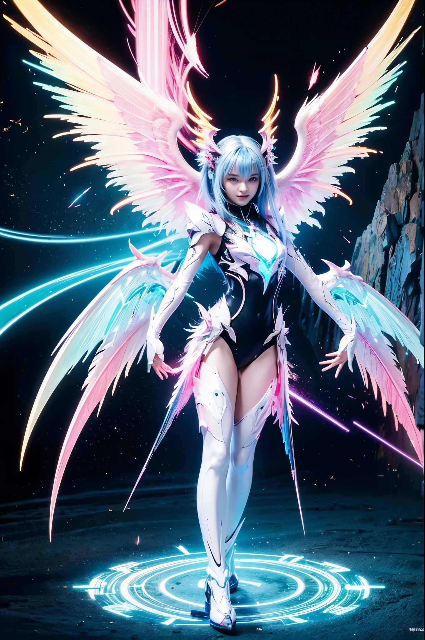 adorable_girl,fair_skin,baby face,huge filesize,wallpaper,colorful,mecha clothes, robot girl, sliver bodysuit, dragon wings, ((a dragon stands behind the girl)), beautiful detailed sliver dragon armor,(blue spark),(red and blue hair),blue eyes, burning sky,flame,Rainbow in the sky,((Flames burning ice)),(((fire butterflies))),(((ice crystal texture wings))),(Flying sparks),(detailed ice),((a lot of luminous ice crystals)),((burning feathers)),(feathers made of ice),(frozen feathers),(((ice and fire together))),