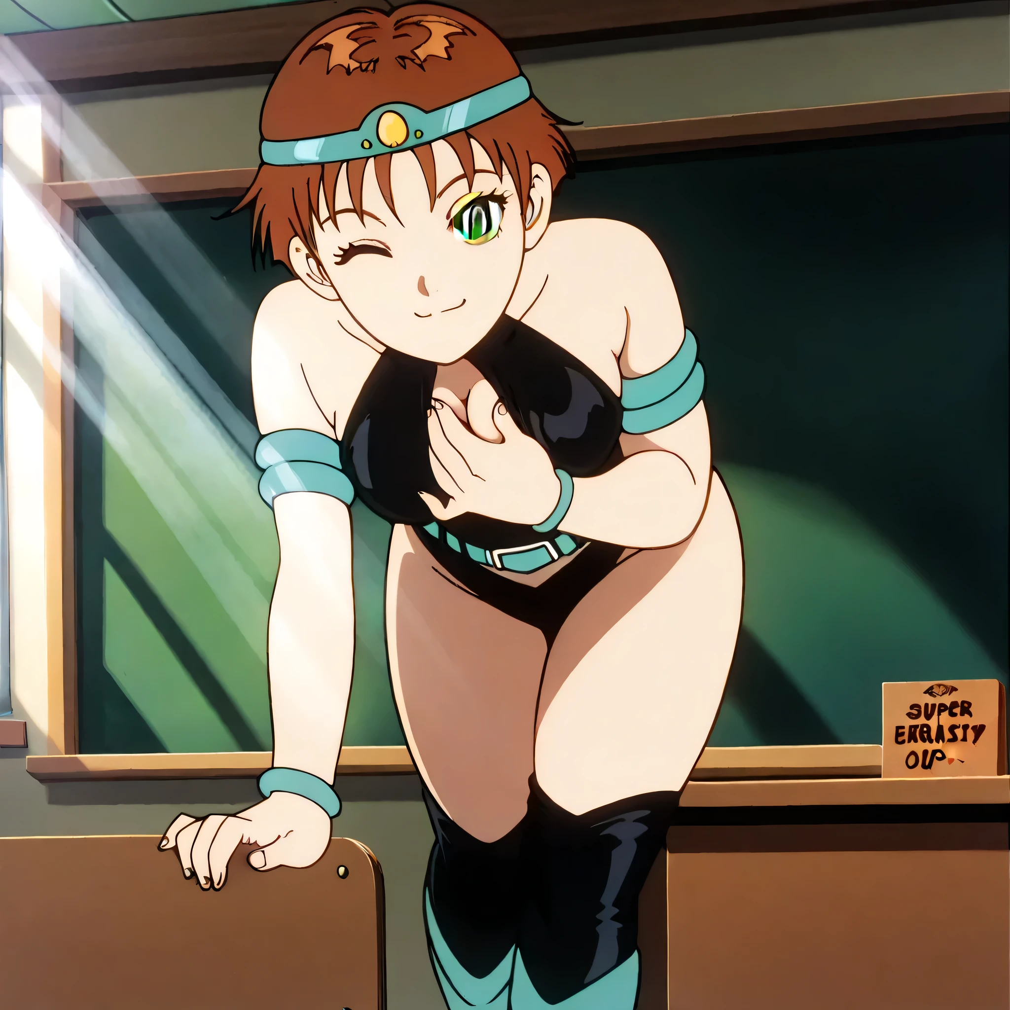 masterpiece, best quality, highres, 1girl, solo, superhero, leotard, blue and white leotard, bare legs, brown hair, short hair, brown eyes, hairband, medium hair, ribbon, boots, matching boots, blue boots, medium breasts, cowboy shot, standing, smile, city backdrop, haruhi suzumiya, kyoani haruhi style, sleeveless, blue sparkles,