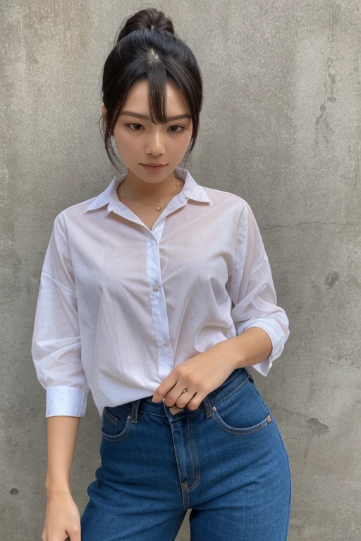 (8k, RAW photo, top quality, masterpiece: 1.2), (realistic, photorealistic: 1.37), three-dimensional, ultra detail, ultra high resolution, beautiful detailed face, one girl, beholder, constriction, slim waist, beautiful detailed skin, skin texture, floating hair, professional lighting, (Japanese beautiful and cute girl:1.2), long hair, bob cut, beautiful hair, 27 years old, Sensual and erotic woman with a curvaceous body, Hair is black、The eye is dark brown、Long Hair、Straight hair、 (White long formal shirt)、(Unbutton all the buttons on your shirt.)、Taken off、jeans, Handcuffed over the head, Handcuffs、please stretch your arms、gag、In the basement, ((jeans))