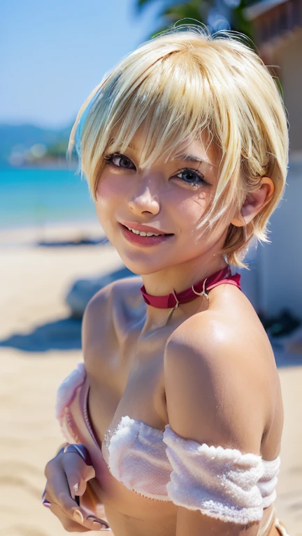 One 25-year-old girl , Upper Bust , Top best Quality , seaside , White dress , short blonde hair , Blue eyes