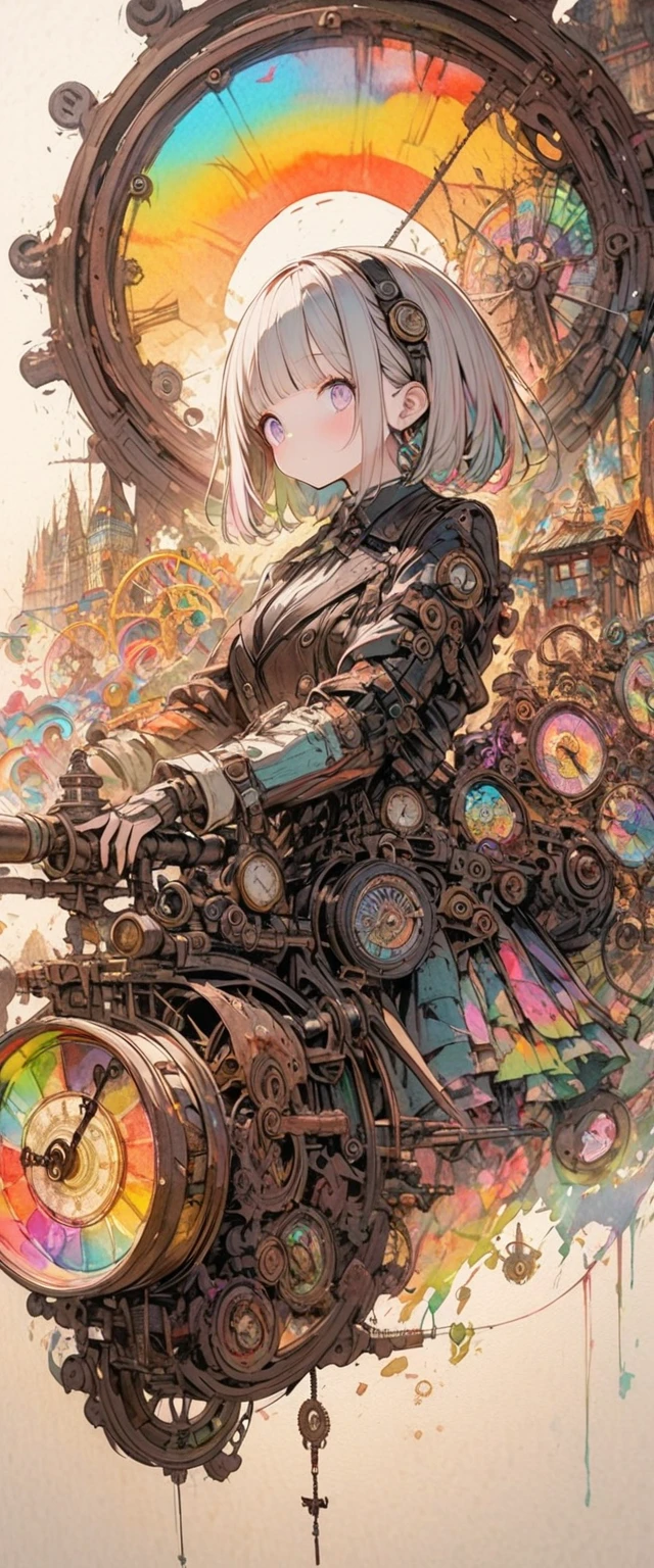 Rainbow colors、Rainbow colorsの機械式空飛ぶクジラ, steampunk, Dieselpunk, Clockpunk, Mysterious color scheme, Twilight light effect, Conceptual installation fantasy art, 2.5D, delicate and dynamic、16K, Ultra-high resolution, Ultra-high resolution, to be born,wonderful ,future、Rainbow colorsの、The world 30 years from now