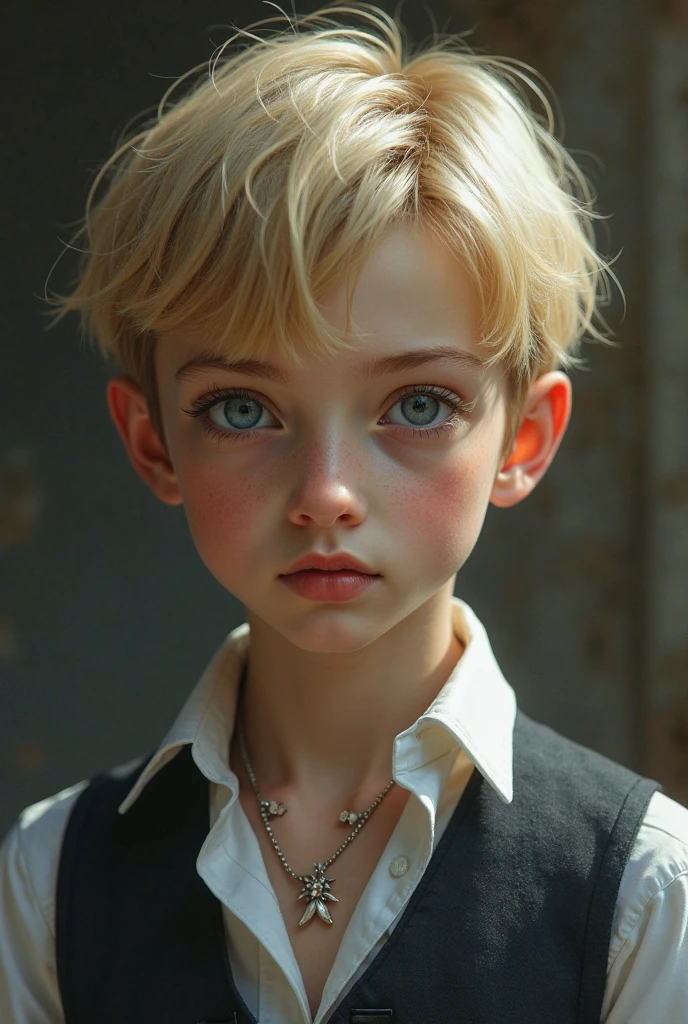 beautiful  boy, white spiky hair, clear skin, bright blue eyes, elegant clothes, high quality, detailed, realistic, photorealistic, 8k, hyper detailed, intricate details, sharp focus, cinematic lighting, warm color palette, masterpiece