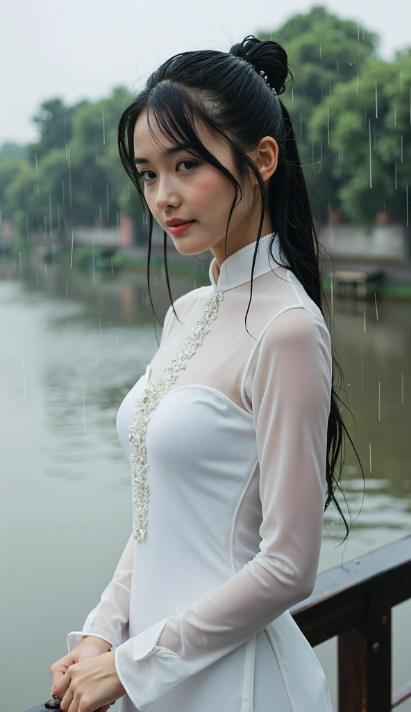 big breasts, round breasts, wearing bra inside ao dai, slim figure, beautiful figure, big breasts, long straight hair, ((sharp 8k quality photo)), ((details of beautiful, sharp face, face balanced) cho)), ((beautiful breasts, exposed cleavage, plump body), (( beautiful sparkling eyes, sharp eye details, beautiful face, balanced eyes)), (( sitting in the rain big body, wet ao dai, exposed breasts)), ((super beautiful body with high details, tight body, big bust and slim waist)), ((round breasts, exposed chest, tight bare chest, nude) ), ((it's raining heavily, there's no sunshine))