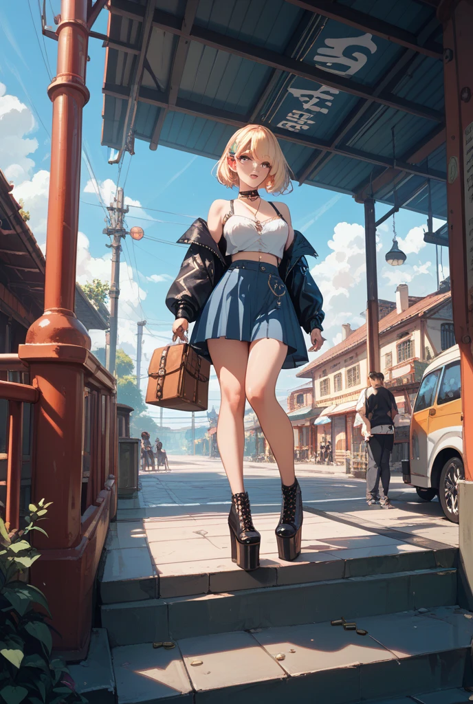 (high quality), (maximum resolution), (intrinsic details), (very realistic), 1 woman, short wavy hair, gray hair with red, (beautiful ultra side face: 1.0), green eyes, upturned nose, feminine focus, pink shirt, wide cleavage, medium breasts, firm breasts, marked nipples, bare shoulders, bare abdomen, plain skirt, white mini-skirt, beautiful hips, slender legs, front view, train station,