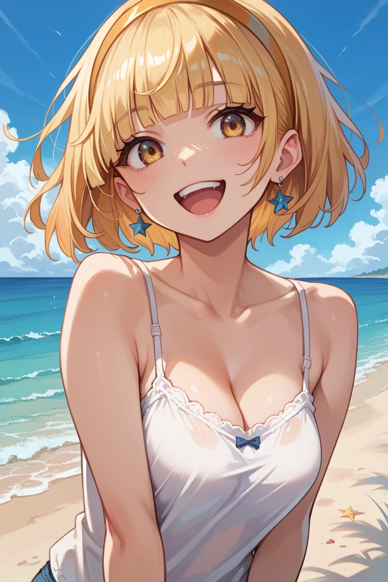 (NFSR8k:1.15, Highest quality, masterpiece:1.2), Very detailed, (High brightness:1.3), (High Contrast:1.1), (High chroma:1.1), (Anime screenshots:1.20), (((Naughty Girl:1.30))), ((hair ornaments:1.2)), Hair between the eyes, Blonde, bangs, ((Medium Hair)), Green Eyes, skin, (((Both sides up:1.10))), ((Beautiful Eyes:1.10)), (cuteeyes:1.10), ((Eye for details:1.5)), ((cute, smail smile)), (((((Big Tits:1.30, valley:1.1, Erect nipples:1.10))))), (((((White tank top with a wide open neckline:1.40, Nipples showing from the hem of the chest:1.20))))), ((the body is slim:1.10)), ((Sensual blush)), (Outdoor, Beach, Waterfront, Day), (cute smail smile:1.20, Open your mouth), (((Little girl puts both hands on the sand:1.20, Push your ass up:1.20, Put your knees on the sand:1.20, Bend your knees, Prostration))), (Shiny地skin:1.10), (Oil地skin:1.5), (((((Basic structure of the human body:1.55, Young girl, very large forward leaning posture:1.30)))), ((Female vulva:1.10))