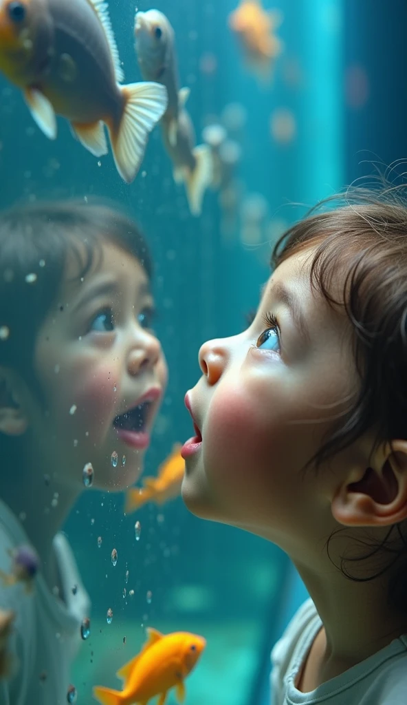 Prompt: A 3 year old girl with short dark brown hair, with his face to the side and very close to an aquarium full of colorful fish, her face is illuminated by the light of the aquarium, the photo looks like the corner of the aquarium and her face is in the aquarium's fireplace 8k, hyper realist