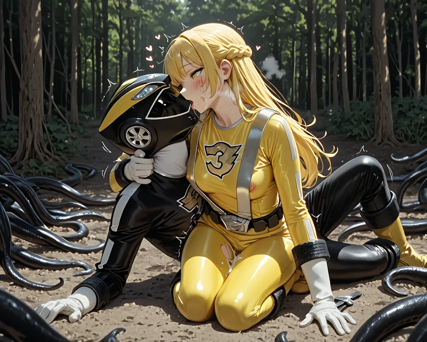 ((Highest quality)), ((masterpiece)), (detailed), （Perfect Face）、The woman is Tiare, a female predator with green eyes and medium-long blonde hair, wearing a black predator bodysuit.、She is happily kissing and snuggling with her husband, the Predator, in the spaceship.