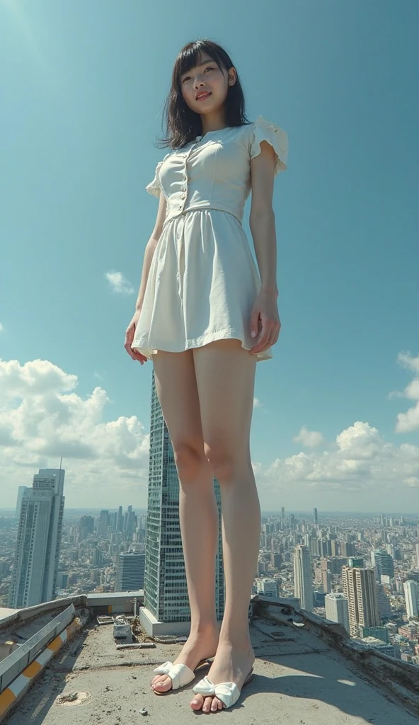 a korean woman wearing beach mini high slit skirt look, whose height is 1 kilometers, she stands and lift up her skirt beside top of a lot of nano-sized buildings cities which are much smaller than her, she feel happy , there a mini giant and many tiny people under her feet much smaller than her
