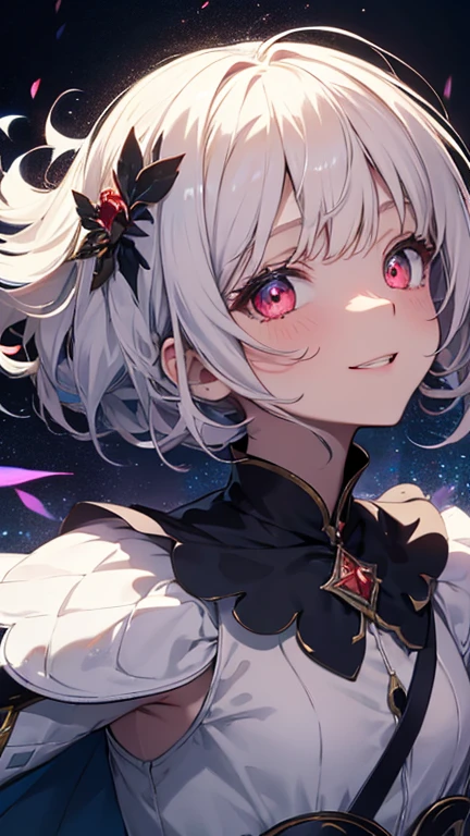 A cute girl with short white hair with bangs, ((star-shaped pupils:1.4)), pupils in symbol shapes, pupils with symbols, extremely sinister gothic backdrop, as in a Paramount Studios horror movie--Niji:5 --s2
