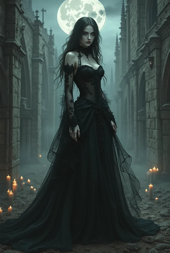 Gothic and sexy vampiress in a dungeon with a giant number of bloodthirsty ghouls waiting for their surreal anime mistress