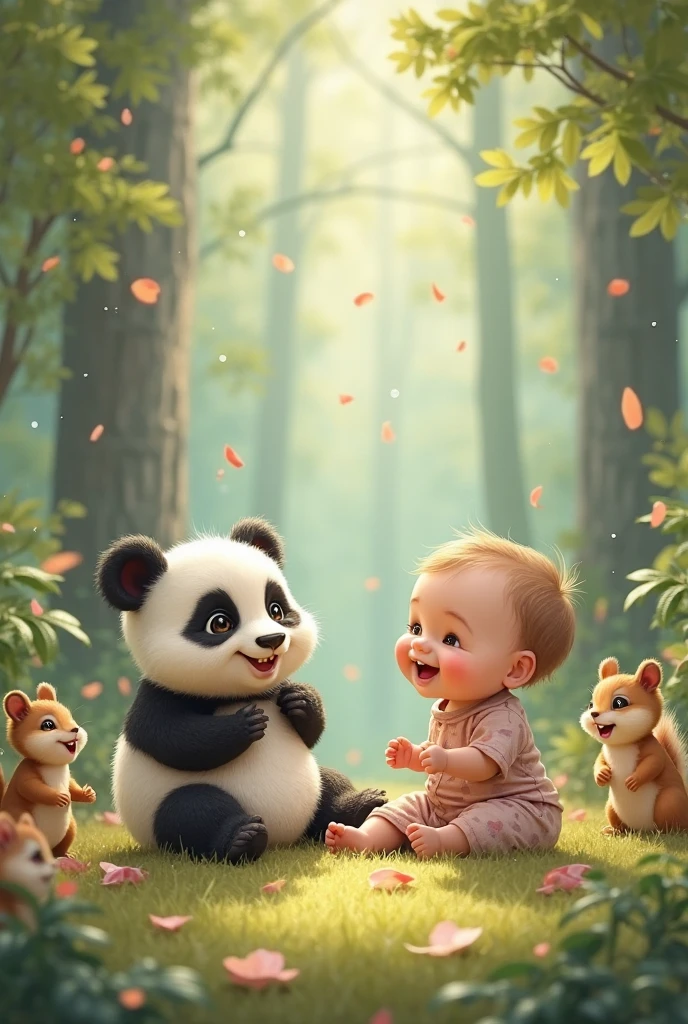 I'm glad you liked the story! Here are some image prompts for each scene:

Scene 1:
"A curious little baby, Emma, crawling through a sunny meadow, surrounded by vibrant flowers and towering trees."

Image prompt: A colorful illustration of Emma crawling, with a big smile on her face, amidst a lush meadow landscape.

Scene 2:
"Emma discovers a baby panda, Ping, in the meadow, with a surprised expression on her face."

Image prompt: A heartwarming illustration of Emma's face lighting up as she finds Ping, with the little panda looking up at her with big, round eyes.

Scene 3:
"Emma and Ping cuddle and play together in the meadow, surrounded by butterflies and wildflowers."

Image prompt: A whimsical illustration of Emma and Ping snuggled up, surrounded by fluttering butterflies and colorful wildflowers, with a bright sunshine in the background.

Scene 4:
"Emma and Ping go on adventures, exploring the meadow and chasing after butterflies."

Image prompt: A dynamic illustration of Emma and Ping running and laughing together, with butterflies leading the way, amidst a beautiful meadow landscape.

Scene 5:
"Ping's mother, a gentle giant, appears, and Emma introduces her to Ping, with a happy reunion."

Image prompt: A touching illustration of Emma, Ping, and Ping's mother reunited, with a warm and cozy atmosphere, showcasing their special bond.

Scene 6:
"The three spend their days together, exploring and playing, with a sunny meadow landscape in the background."

Image prompt: A joyful illustration of Emma, Ping, and Ping's mother enjoying a picnic or playing a game together, surrounded by a vibrant meadow landscape.

Feel free to use these prompts to create your own illustrations or visualizations of the story!