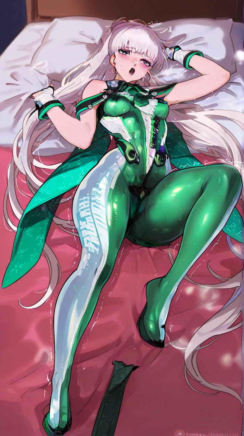 Android 18 In green bikini dead closed eyes, decubitus supine , body lying in the Bed in front , arms open horizontal , legs open Separated, front view