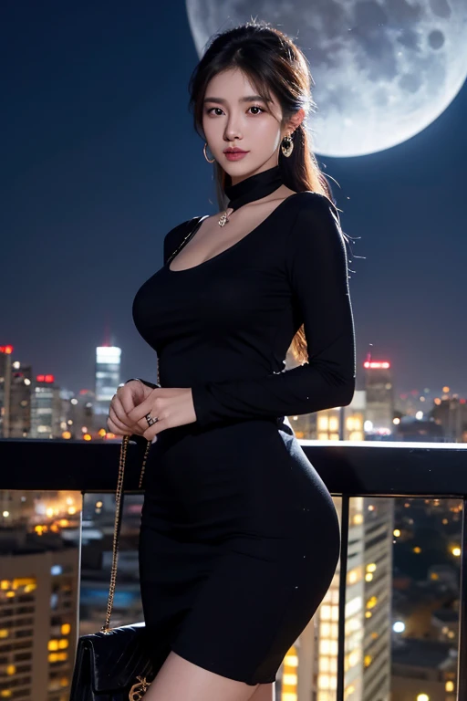 masterpiece, Highest quality, detailed, One girl, alone, Japanese Beauty, View from the front, night sky, Outdoor, full moon, performer, cloud, night, Place your hands on your hips,  Dark Sakura, (black tight dress), Wavy long hair, Wicked Smile, Large Breasts, Striped, Thighs
