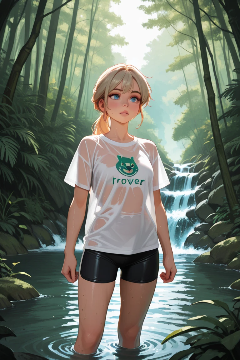 a handsome cute 8 years old , blonde bob haircut, colonization outfit age, at the jungle