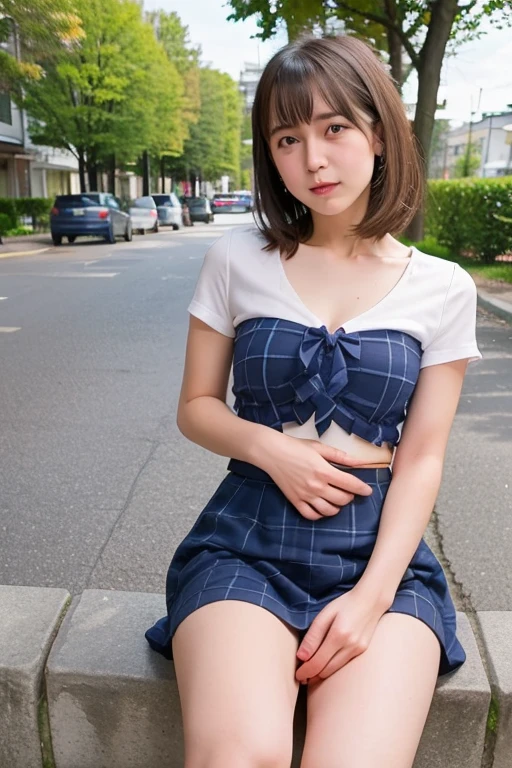 8k, Raw photo, highest quality, masterpiece:1.2), masterpiece, highest quality, figure, Very detailed, Fine details, High resolution, 8k,wallpaper, Perfect dynamic composition,(Detailed high quality, Realistic depiction of eyes:1.3)、A woman who has been and has her hands tied、Arms wrapped around his back, hands tie behind back, Crouching by the beautiful lake、 With legs wide open、Tartan plaid pleated skirt、whole body、White panties、The whole thing faces forward、21talent、Beauty、Well-formed face、Make your eyes even、Beautiful black hair、Has bangedium build、Well-balanced proportions、Beautiful legs、Blue Short Sleeve Blouse、Fresh face、Beautiful scenery、