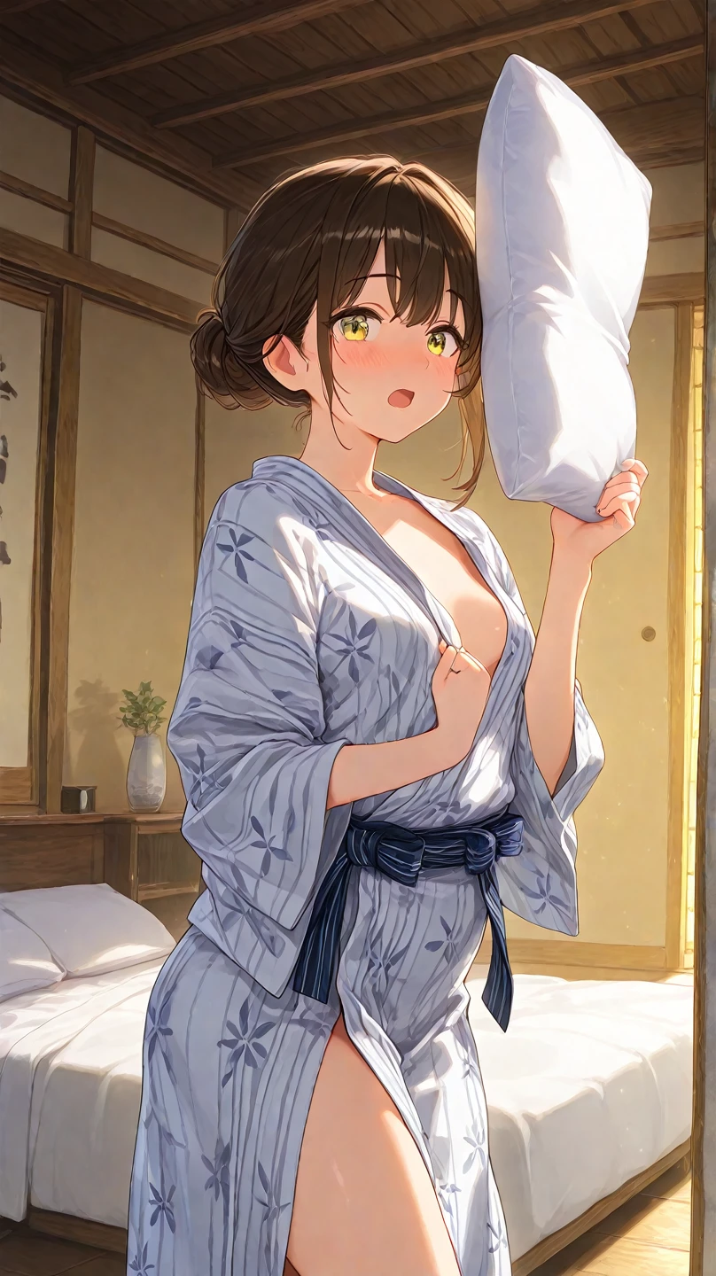 Cute beautiful girl、、naked、(Blushing and sweating:1.5)、Embarrassed、Brown skin、Open yukata、Beautiful breasts,Tied up hair