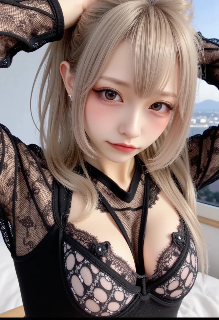 (Thin eyebrows)、((Very strong sunlight))、((((Beautiful silver hair))))、((small head))、(Beautiful silver hair with short wavy:1.2)、FULL BODYSHOT、(((8K, Raw photography)))、 (((The face is Enako of a cosplayer)))、(extremely delicate and beautiful)、(​masterpiece)、(top-quality:1.0)、(超A high resolution:1.0)、realistic shadow、[hight resolution]、 Detailed skin、ultra-detailliert、(Beautiful hair)、Photorealsitic、Lifelike face、big breasts thin waist、realisticeyes、Small eyes、(((between breasts)))、(eye liner)、(mascara)、 Lips with pink lips、((Very happy smile))、Show shoulders、Complex patterns and transparent materials、Artistic depiction of seductive women, Emphasizes her charming silhouette。The scene is、Basking in the hot sun、It makes you feel the delicate beauty and charm of nature。(((intricate detailes))、high détails、gargantilha、NSFW,((top-quality、8K、​masterpiece:1.3))、 (((Enameled black and silver corset)))、