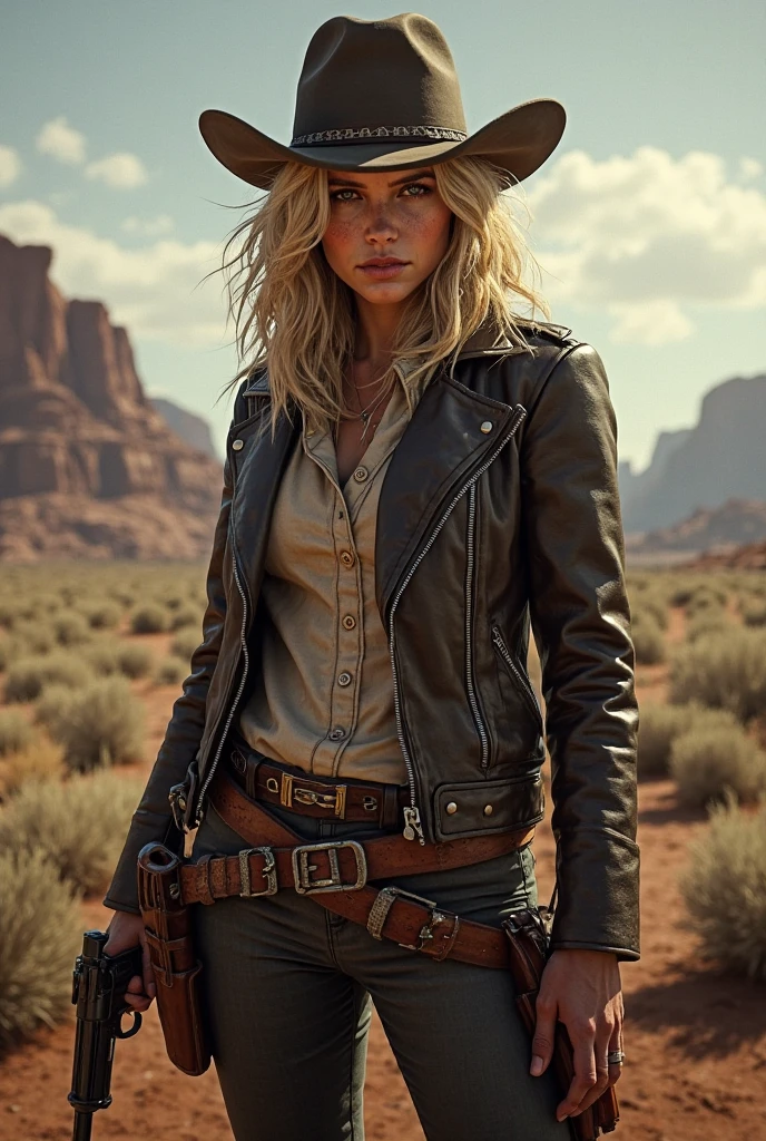 Create a cinematic, filmic image of [post nuclear town] in [fallout style], with [detailed linework], [dynamic shading], and [rich colors]. Show [Anjelika] the [young caucasian woman wastelander] and her [full body], with [expressive facial features] and [fluid body movements], and close attention paid to [costume design] and [background details]. The art style should capture the [post-apocalyptic setting] of the image.
Create an [ultra-realistic], [high-resolution] image of the woman [walking] on [street] of a [american] [desolated city] before the [storm], with the [hot summer sun] still shining brightly in the sky, but in the distance, the sky is a [dark and foreboding shade of blue], hinting at an impending storm. [Tumbleweeds] rolling in the distance.
Her face is covered in [dust] with windswept hair cascading [loosely]. Her [grey eyes] with [black eyeliner] and [smokey eye shadow] have long, full eyelashes that add to her feminine charm. She wears a [rugged black leather armor] showing her [cleavage] and [tactical vest], [leather pants] accentuating her [slim body] and [black wide-brimmed cowboy hat] with [texas rangers star], [knee pads] and [short leather boots] that provide both style and function.
The skin texture should showcase [visible skin pores] that add to the realism, with her [imperfect], [uneven], and [irregular skin] depicted with [specular reflection], [subsurface scattering], and [diffuse reflection], capturing her [tanned skin tone]. Her face should be [detailed] and [highres]. Her face is [delicately proportioned], with a [small nose] and [high cheekbones]. Her lips are full and often slightly parted. The image should be captured in [natural light], with [soft shadows] that highlight her, and [colors] that are [raw] and [vibrant], showcasing the [rugged and gritty] elements of the character while remaining grounded in a sense of [realism]. Aim for a [detailed and realistic portrayal] of her face with [high-resolution] features with [visible skin pores] and a [realistic skin color gradient].
Aim for a [photorealistic] portrayal that captures the [essence] of her character, with [intricate details] that capture every nuance of her form. The overall mood of the image should be [post nuclear], [post-apocalyptic], with a sense of [melancholy], [loneliness], and [desolation], showing the complete scene with her [full body].