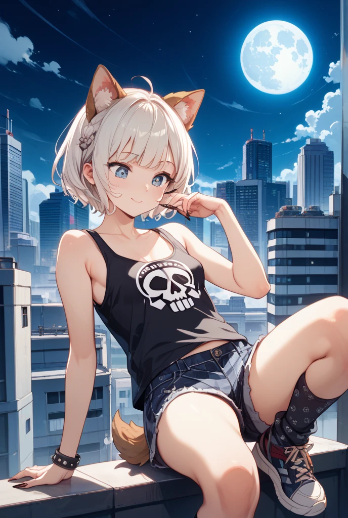 my hero academia style,Female gender,White-brown hair with a masculine cut,honey brown eyes, personality, with a single clover-style plant on his head,full body
Scene:he's in his apartment in Tokyo with his Pitbull,it's night and there's a large window where you can see the city
