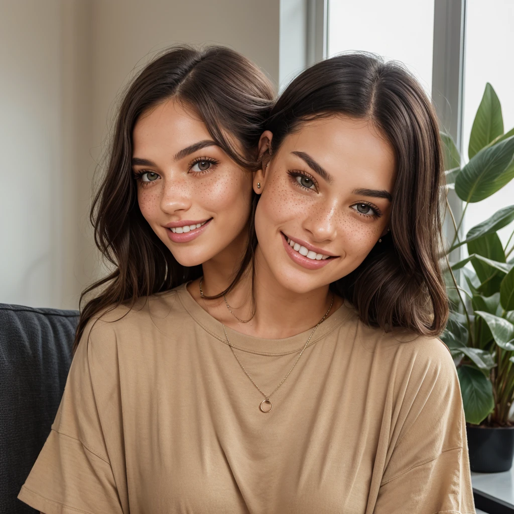 Photorealistic close up photo, sharp focus, raw photo, amateur photo, sexy fit woman with beautiful face like Madison Beer, Megan Fox and Kim Kardashian. She is in beige sweater and she is smilling. There is window behind her