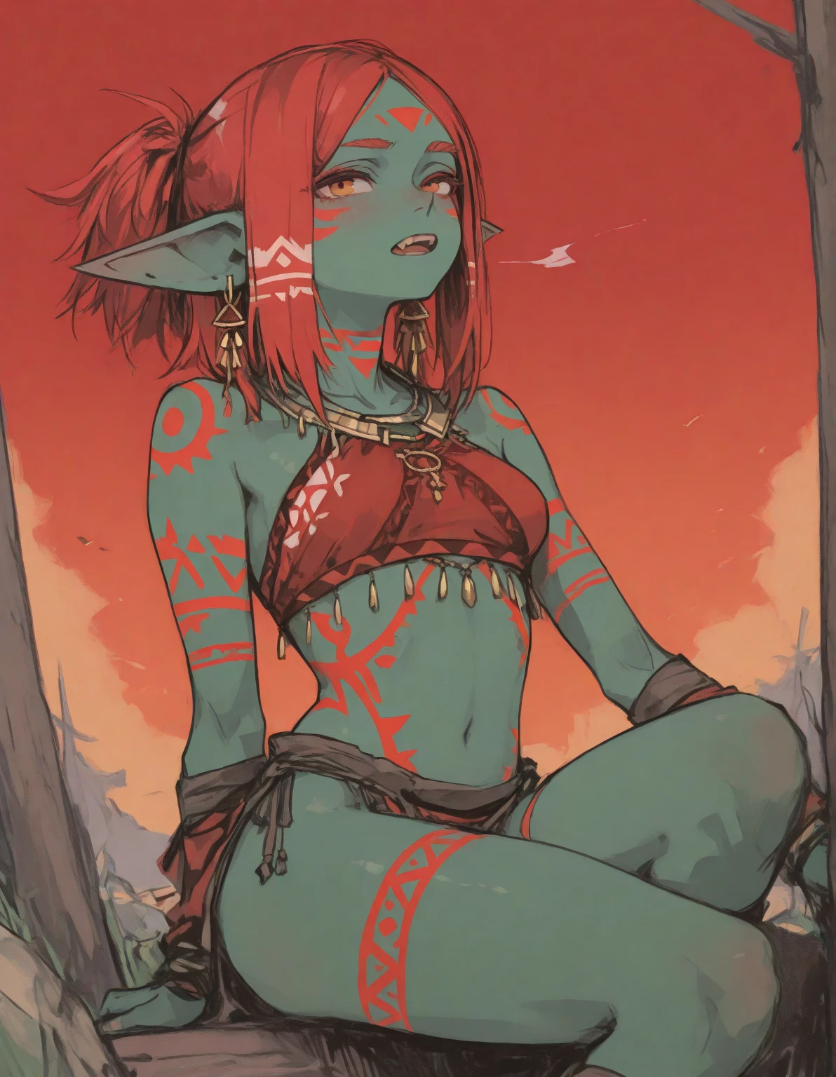 score_9, score_8_above, score_7_above, score_6_above, Creak_Style, River, air, jewelry, blue lips, 1 girl, Alone, Red hair, wide,  green eyes, dark skinned woman, pointy ears, 
looking at the viewer, cowboy shot, desert, lightning, , NSFW, hot , pussy, hairy Pussy, nipples
