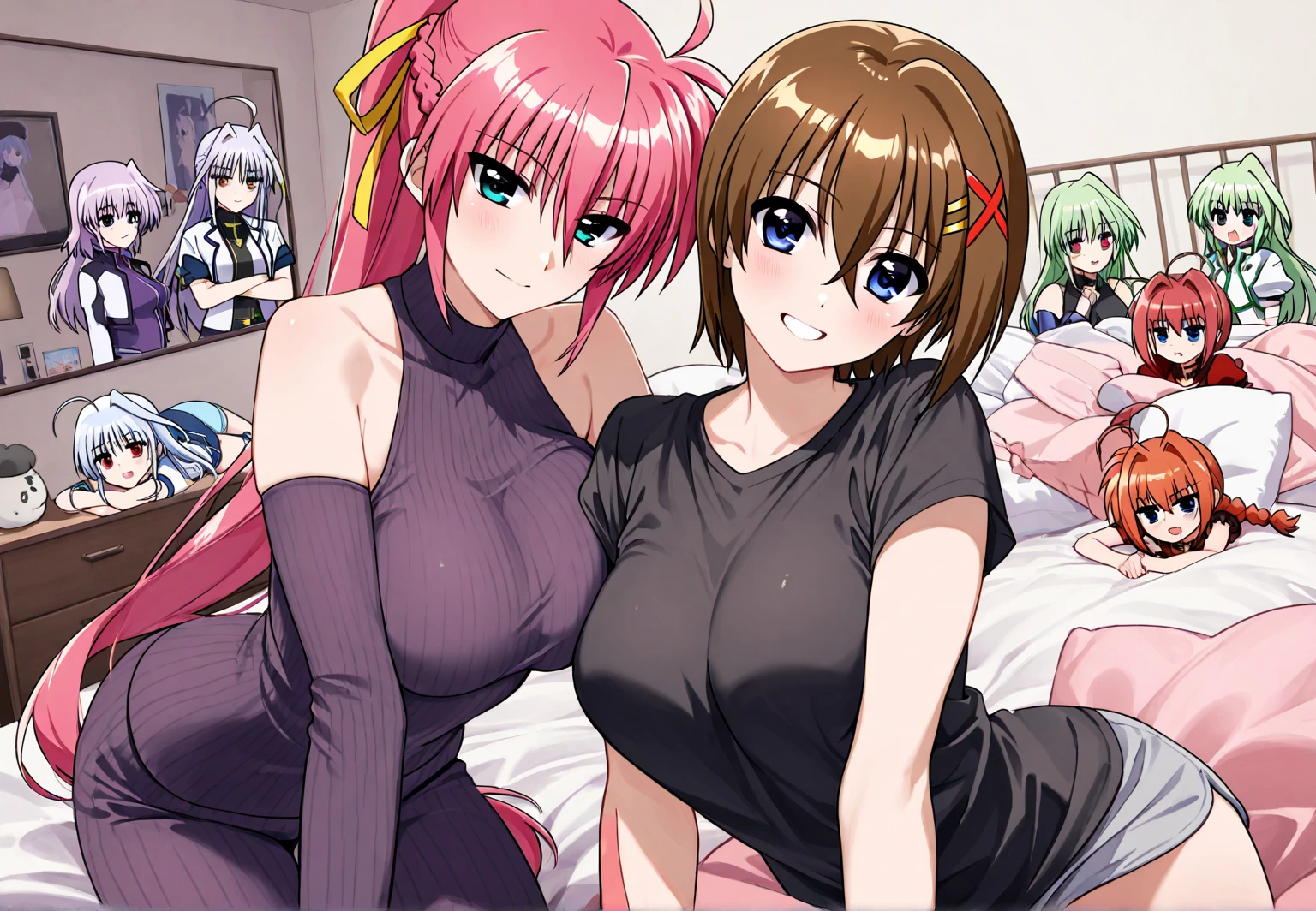 4 sexy beauty schoolgirls，looking at me with her back，(hands on own ass)，(grabbing own ass)，ass stretch，ass spread，,Vagine, pink highlight,pink pupils,Brown skin ,White skin,red blushing face,Scattered pink heart symbol ,hot breath,back,Butt, ,((orgasm)),((orgasmic spasm)),((love to viewer)),((stare to viewer)),((seduces viewer)),((open vagina)),,