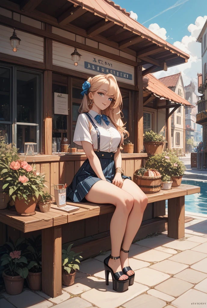 1girl, full body, summer, village, trees, sun, clouds, ((colorful hair)), ponytail, large breasts, button down, blue eyes, ((red, white and green shirt)), ((unbuttoned shirt)), unbuttoning buttons, ((short sleeved shirt)), black mini skirt, brown shoes, grin, looking at the viewer, standing, red, white and green hair ribbon, cleavage, ((golden necklate))