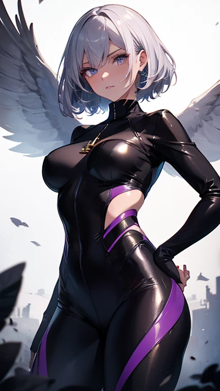 ((​masterpiece、top-quality:1.5、a high chroma:1.5、ultra-detailliert、high-resolution illustrations:1.5、Ultra-high-definition CG、8k size wallpaper、offcial art))、,(highly colorful:1.5),(from below:1.5),(1 fallen angel girl),(Cute little girl:1.5)、(Shining purple eyes:1.5),(Beautiful face:1.5,Beautiful eyes:1.5)、(close to viewer:1.5),
(clearface:1.3)、(sexy body),(ultra-thin sexy dress:1.5), (Beautiful ultra-thin sexy dress every detail),(a dark　halo shines:1.5),(medium breasts:1.5),、(cowboy shot:1.5)、(glowing eyes:1.5),(Glowing two-tone black and purple fallen angel wings:1.5),( Fluttering two-tone black and purple feathers:1.3),colourfull、