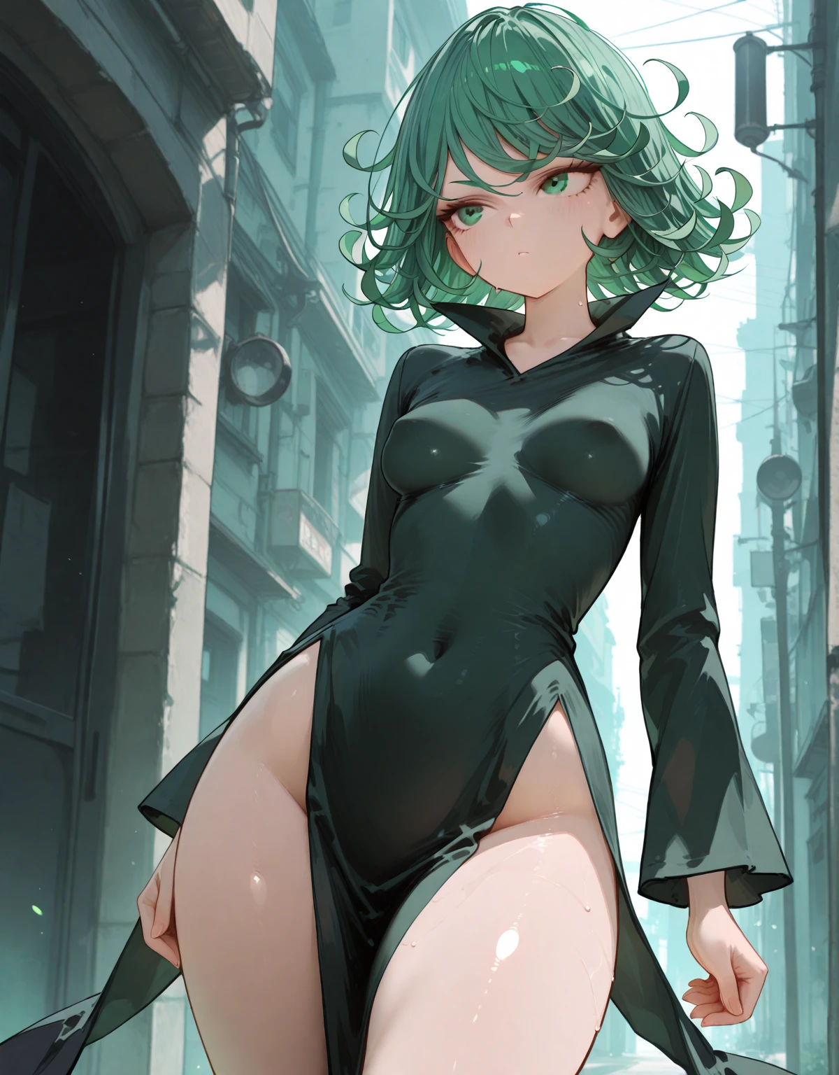 (masterpiece: 1.2, top-quality: 1.2, bonito, hightquality, hight resolution: 1.1, esthetic), detailliert, ighly detailed, soft ambient lighting, 4K, perfect eyes, face perfect, Perfect litthing, 1girl in, fringe, , Green hair, breastsout, tatsumaki \ (one punch man\), , green colored eyes, , breastsout,, look at viewr, short-haired, Toilet room、I'm peeing、Solo, thighs thighs thighs thighs, High throat, low angles、Looking up from directly below、Open legs、String Panthibra、stick out your butt、all-fours、Crystal Pendant、Undersized breasts、sugestive eyes、Legs wide open、、Stand up on your knees、Smaller chest、Raise your buttocks、Back Style、Back Angle Butt Up、Raise your knees、Cinematic、small tits、Raw photography、Photoreality M-leg opening、from below looking up、embarrassed from、pitiable、