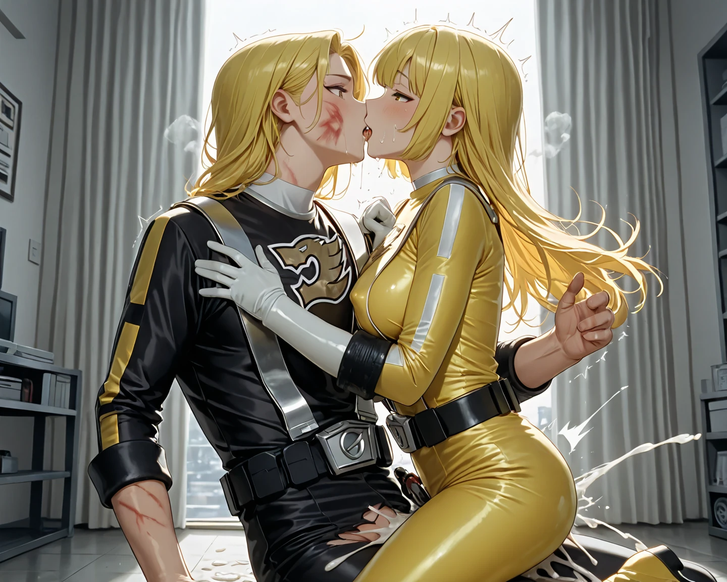 1girl, 1boy, blondes, siblings, incest, eyes closed, passionate embrace, {girl, (long blonde hair, yellow shade), big breasts, (lavender top), (black shorts), white leggings}, {boy, tall, strong, muscular, (blonde hair, gold shade), ponytail, blue shirt, grey pants, eyes closed}, masterpiece, shiny skin, glossy lips, standing, french kiss, hug --auto --s2
