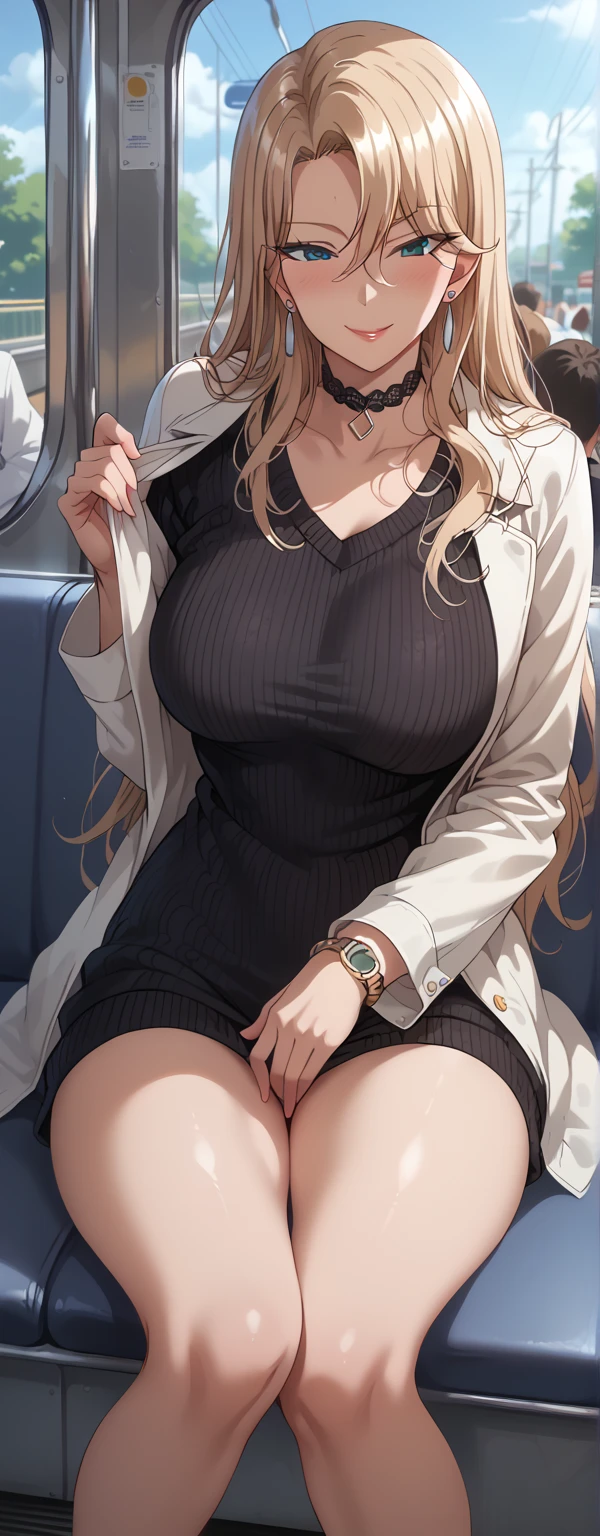 最high quality、best image quality、masterpiece、teenage girl((20-year-old、 By becoming、vest bust、medium bust,wide open breast tea、black eye, blonde hair、long hair、thin,highest valley、white jacket、blue short skirt,chest、take off your clothes、black shirt)),high quality、beautiful art、background((sedan、inside the car,encrusted diamonds))debris flies、Depth of written boundary、movie、visual art、perfect art、8K,genuine