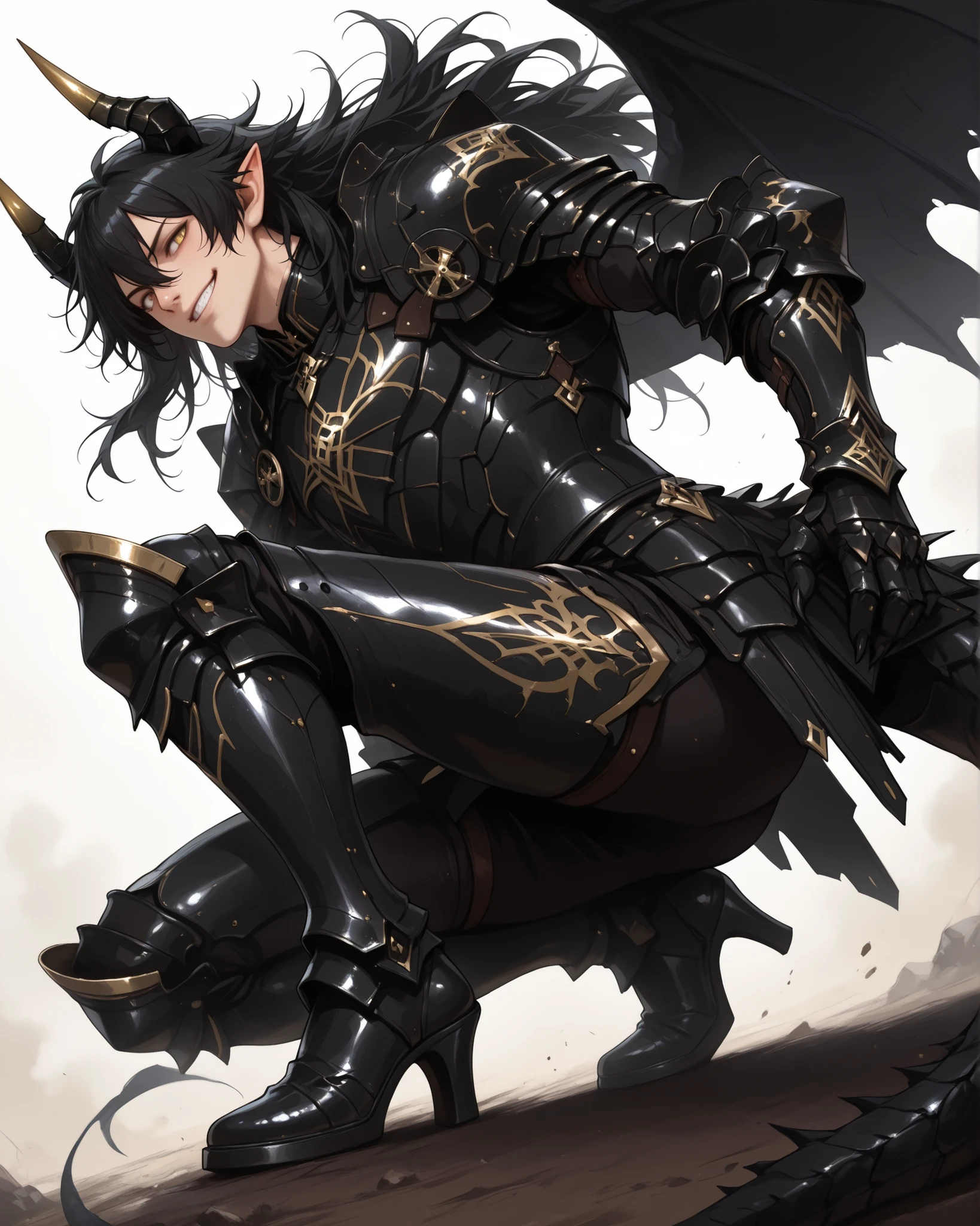 score_9, score_8_up, score_7_up, absurdres, 128K Ultra High Resolution, (masterpiece, best quality: 1. 5), ((high definition)), highres, 8K wallpaper, (excellent graphics: 1. 5), CG, (((Japanese Anime style))), (1 male), solo, lean body, (masculine), floating in the air, weredragon, glossy black, shiny black leather, ((beautiful golden eyes, finely detailed eyes, bright eyes, slit pupils)), hair between eyes, black hair, long hair, sideburns, wild hair, (sly grin, sinister grin, smirk), teeth, confident, (((ultra detailed face))), shiny skin, long pointy ears, twisted torso, long-legged, sculpted face, wasp waist, dragon horn, dragon tail, dragon wings, dragon sharp claws, (black armor with a lot of grandiose decorations: 1. 5), half dragon half human, (crouching, charge at the enemy, combat pose: 1. 5), (dramatic angle, dynamic pose: 1. 5), (ultra detailed black armor, well-polished black armor: 1, 5), (gold-adorned armor: 1. 5), all black outfit, full body, emphasize face, sharp focus, good-looking man, (best illustration, highly detailed artwork: 1. 5), cinematic, dramatic lighting, (intricate detail, extreme detailed, super detailed: 1. 5), tenebrism, wonderful pose, chiseled features, (stark contrast, heavy shadows: 1. 3), detailed black decorations, beautiful and aesthetic, photoreal, from side, (mysteriously crafted black metal armor: 1. 5), thick and luxuriant hair, (ultra detailed fantasy black armor, wonderful black armor: 1, 5), (realistic metal texture), broad shoulder, true-to-life visuals, artistically refined, (extremely delicate & beautiful armor, elaborate armor details: 1. 5), (giant black armor, dark armor, stylized armor: 1, 5), (((armor-type high heels))), (extremely detailed armor with intricate engravings, intricate armor with gold ornaments: 1, 5), very gorgeous and dazzling, (dark fantasy black knight: 1, 5), slim waistlines, wide chested, sinewy body, (Hyper Detailed & Perfectly Designed Black Armor: 1. 5), (simple white background), windy