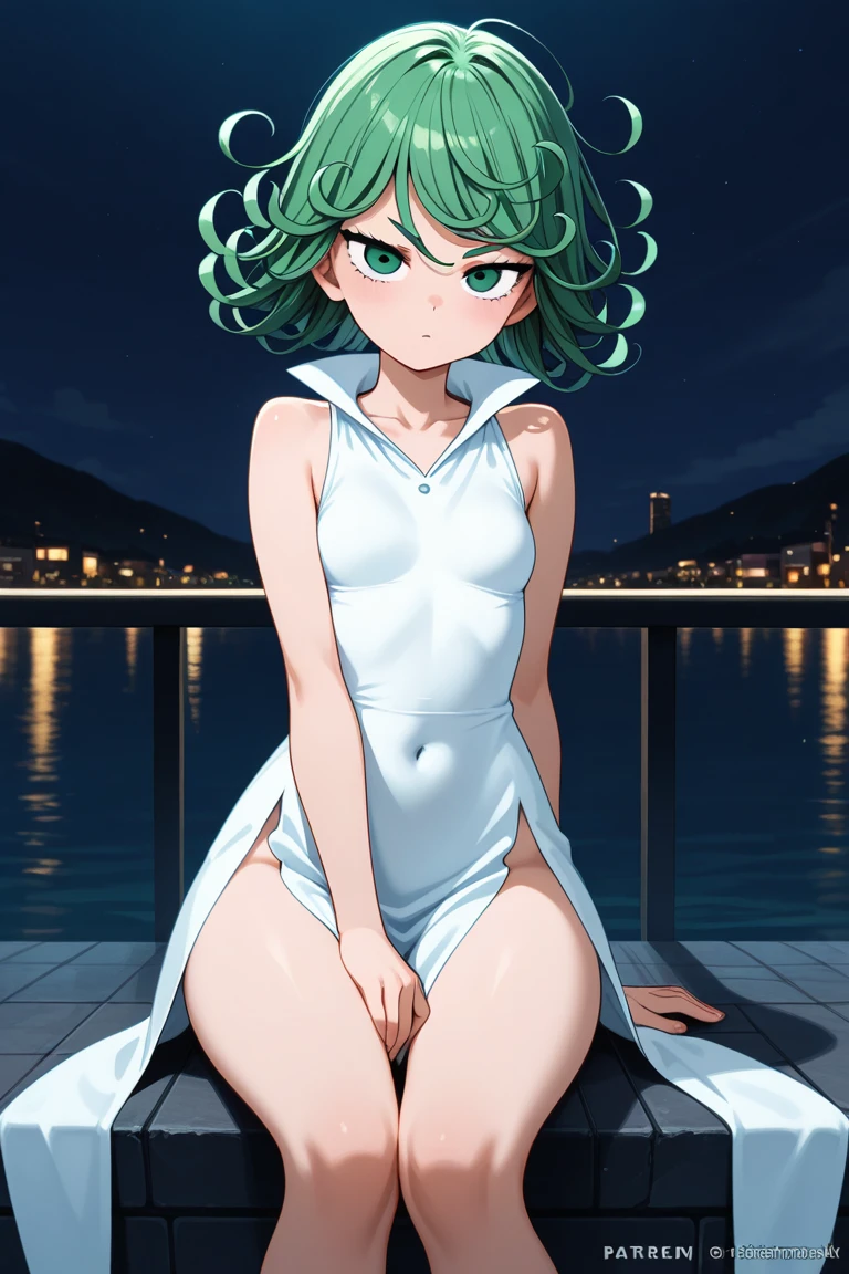 (((masterpiece))), ((Highest quality)), (Very detailed), ((High resolution)), ((8K)), ((Anatomically correct)), One very cute girl, Baby Face, (Young face), (Small breasts), (Tatsumaki), Beautiful nipples, Short Hair, Dark green hair, Letting down your bangs, (Short), (Petite), Charming smile, Emerald Eyes, Best moment, Delicate arms, Detailed skin texture, Intricate details, Very detailedな顔, Beautiful thighs, Beautiful curves, (Sweating), In the pool at night, ((Gold micro bikini)), (Embarrassed and shy), Fancy decoration, Colorful lights,