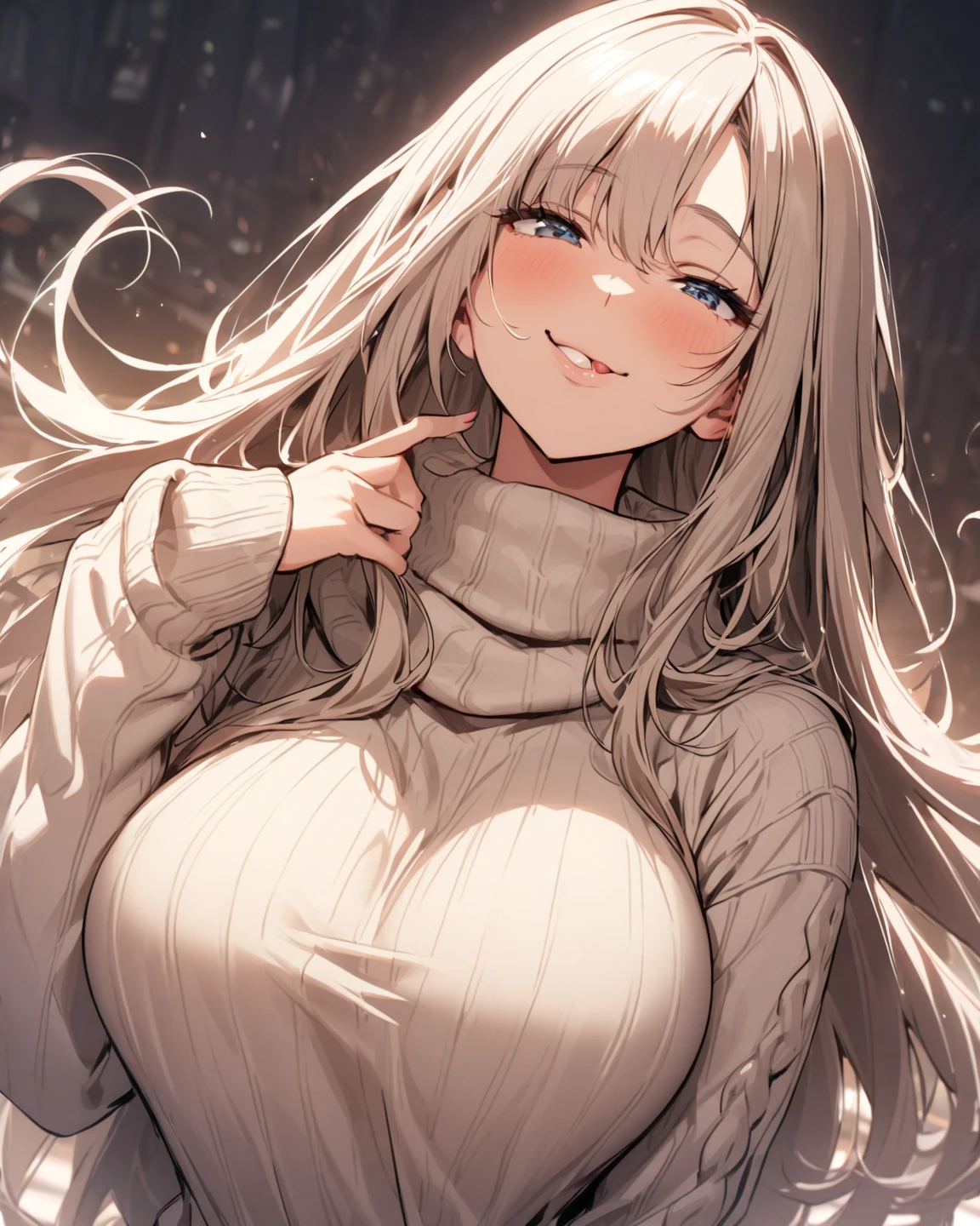 a girl, cosy sweater on, upper body, (huge Laughing:1.1), (open mouth:1.1), (wide open eyes:1.2), sun glare, bokeh, depth of field, blurry background, light particles, strong wind, (heart particles:1.1)