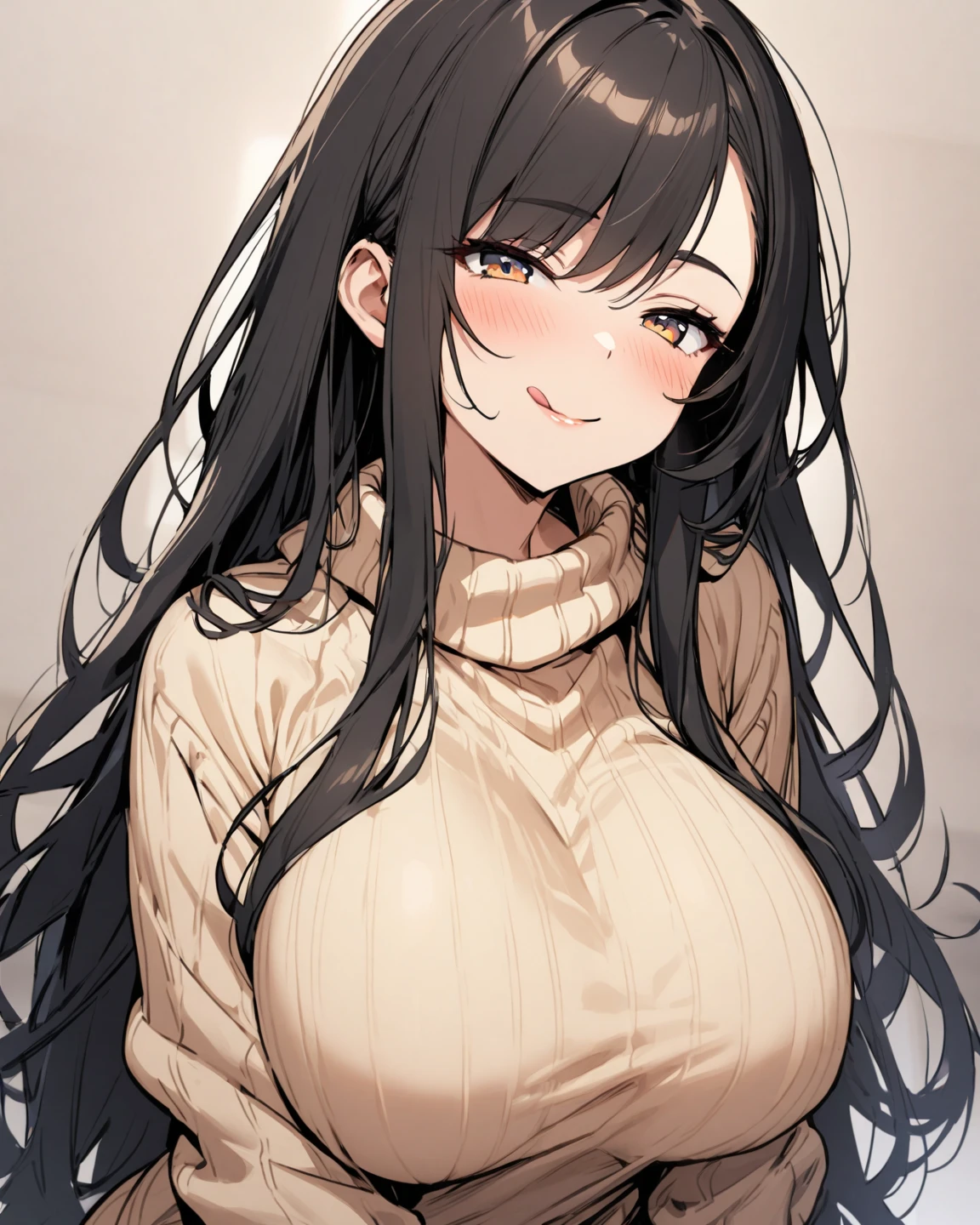 Create a detailed illustration of a woman with long, layered black hair and dark brown eyes. She is wearing a cardigan that is a mix of gray and black. The woman is smiling warmly and looking straight ahead. She is posed with her right hand cradling her face, creating a thoughtful and friendly expression. Ensure that the textures and colors of her hair and cardigan are realistic, and that her cheerful demeanor is captured well. Keep the background simple and unobtrusive to maintain the focus on her features and pose.