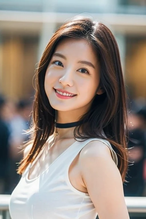 8K UHD,Raw photo, having fun, Characteristics such as well-proportioned facial features and a balanced physique. mesmerizing eyes, beautiful light brown hair, and hints of rosy cheeks are some examples that emphasize their visual beauty.In many cases、Looks healthy and glowing, With clear skin and a bright smile.Wearing stylish autumn clothes。