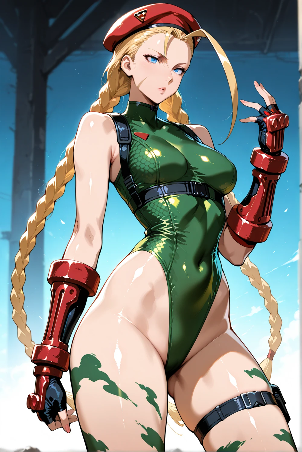 ((Mejor calidad)), ((obra maestra)), (detallado), cara perfecta, cammy white, Cammy tiene ojos azules, blonde hair styled in two long braids with two small strands of bangs over her forehead and ((una cicatriz en su mejilla izquierda)), She wears a green thong class leotard and the triangle insignia over her left breast., una ((boina roja)), botas de combate negras y guanteletes rojos. Sus piernas estan decoradas con pintura de camuflaje verde. usa una boina roja y tiene una cicatriz diagonal en su mejilla