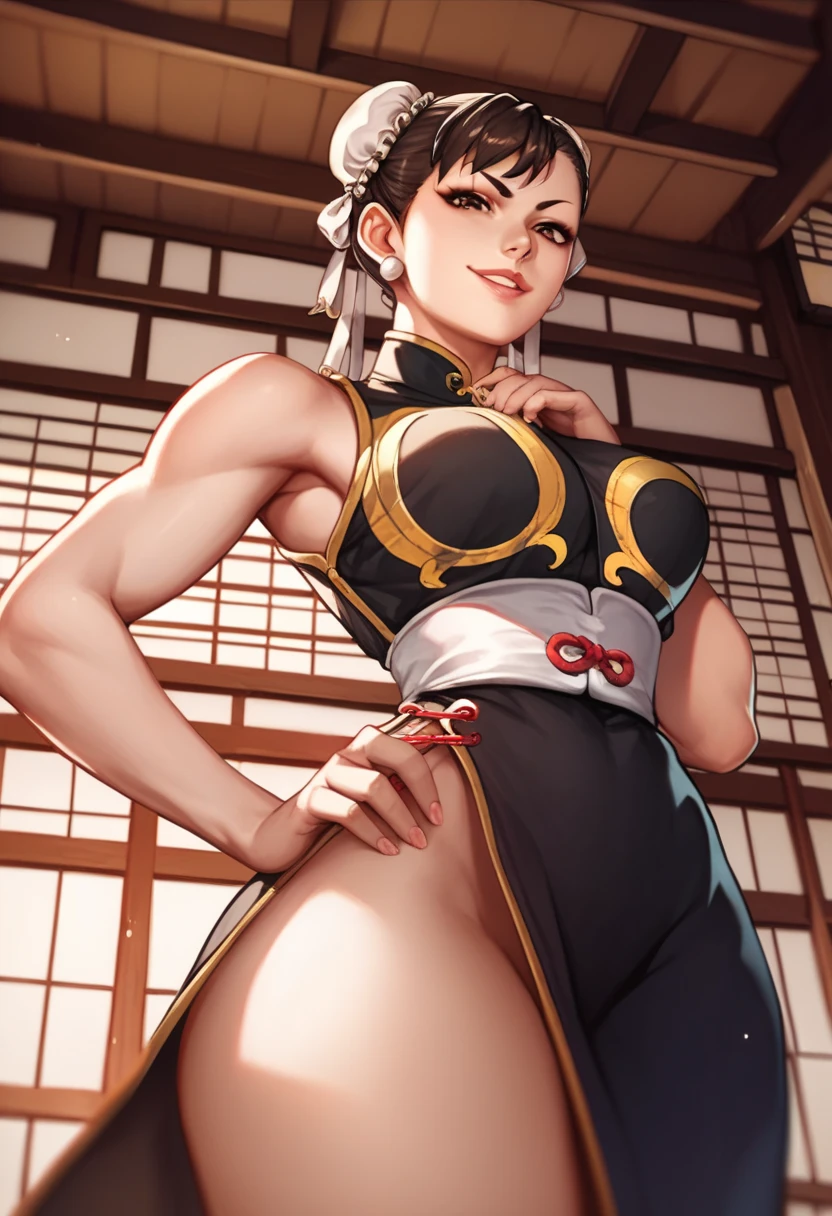 absurdres,, (1girl:1.2),  (abs:1.23),huge_breasts、(dark_tanskin:1.3)unity  Dynamism,forward leaning posture、(black hair)、she looks away, Loose-fitting clothing、Blurred Background、Sagging breasts、Leaning forward,((manga style:1.23)) , 、(white background:1.5)、A happy look、Plump body、Sitting、Legs crossed、Watercolor、(Watercolor style:1.8),street fighter,Chun-Li, (black clothes:1.5)、(Glossy skin 1.7), girl),Knee-high socks、Arm guard、School uniforms、Sailor suit