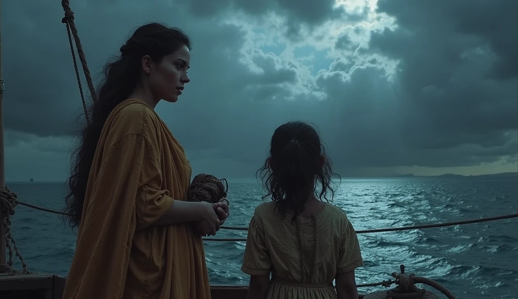 A depiction of families on board a ship, looking out over the ocean toward their new future, with a focus on a mother holding her child.