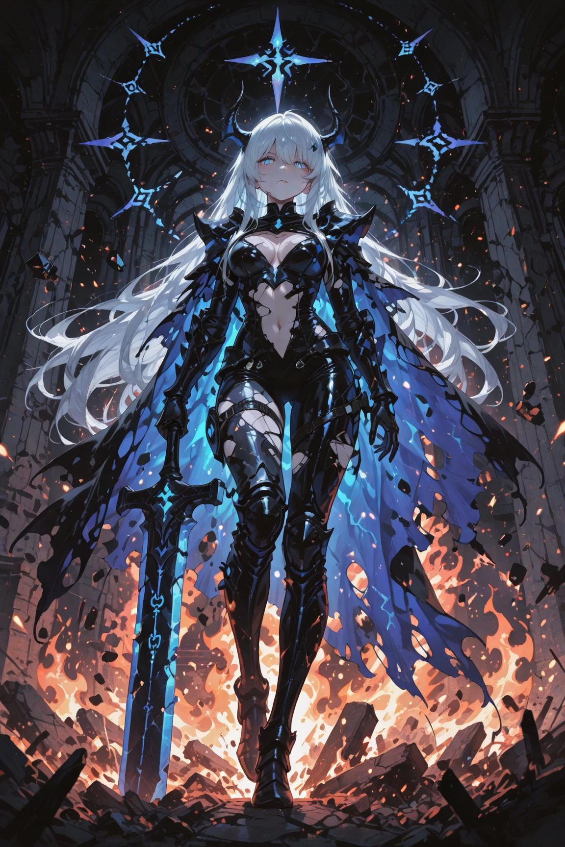 masterpiece,high quality,Super detailed,super fine illustration,8k,dynamic scenes,beautiful background,horror style,robotics,Robot,MECA,Head is Night Frame,Blue glowing twin eyes,The body is stylish,Both legs are sharp,On my back2Book Rapier,The shoulder emblem is a rose,(beautiful background:Victoria Palace,Roses are blooming all around)