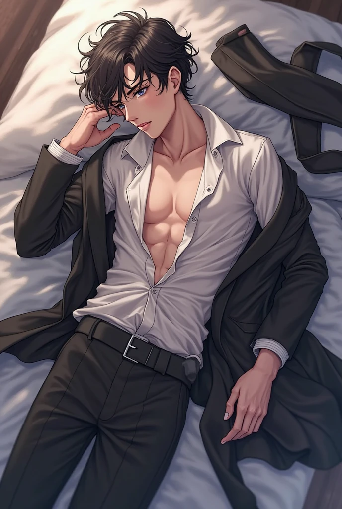 "(La mejor calidad,4k,8k,Altas Resoluciones,obra maestra:1.2),ultra detallado,(realista,fotorrealista,fotorrealista:1.37), Manhwa Art European 25 years old man, piel de marfil, Cabello desordenado cabello negro azabache, penetrantes ojos, Iris gris, Llevar abrigo negro,  Torzo desnudo, cuerpo musculoso, recostado en una cama, foto tomada desde arriba, cuerpo Atletico, razor-sharp jawline, mirada penetrante, Cold and mysterious character, cuerpo completo, cuerpo Atletico, 8k, Detailed features, muy guapo, Dreamy look on his face, bright illumination, fondo borroso, tatuajes en brazos, tatuajes en el pecho,