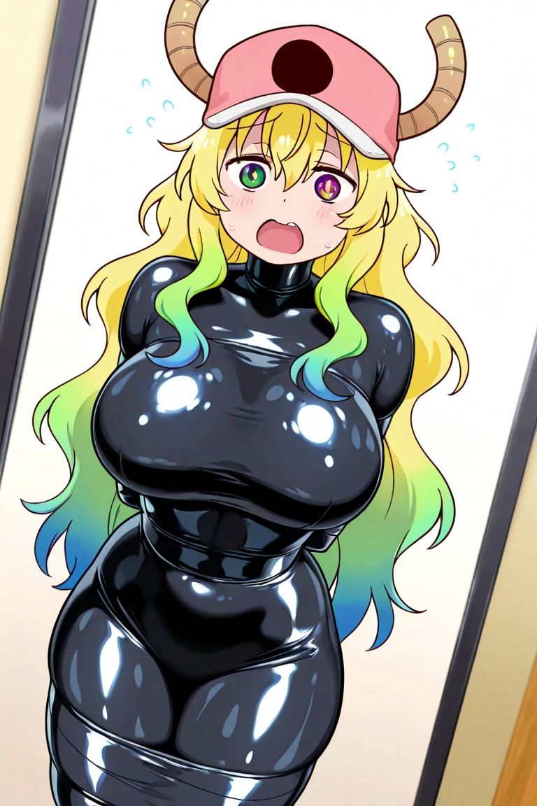 masterpiece, 1girl, mature female, best quality, (cleavage:0.2), (gigantic breasts:1.0), big eyes, (curvy:0.8), caustics, Lucoa - Maid Dragon, blonde hair, gradient hair, heterochromia, yellow eye, green eye, horns, one eye closed, lucoa, Lucoa - Dragon Maid, latex clothes, shiny skin, latex skin, high heels, standing, whole character in view, latex bodysuit, crotchless bodysuit, chastity cage, flat chastity cage, testicles, undersized chastity cage, dripping cum from chastity cage, rubber hair, shiny hair, reflective hair, latex hair, solid hair, latex hair, rubberized hair, plastic hair, super shiny skin, 3dcg, 3d style, blender, blender style, blank background, perfect eyes, womb tattoo, succubus tattoo, blow-up doll seam lines, dollified Lucoa, hard nipples, exposed feet, detailed feet, huge platform heels, squatting, dildo squatting, anal, horsecock, horsecock dildo, dildo in ass, facing viewer, orgasmic pleasure, eyes rolling back, orgasm expression, open mouth smile