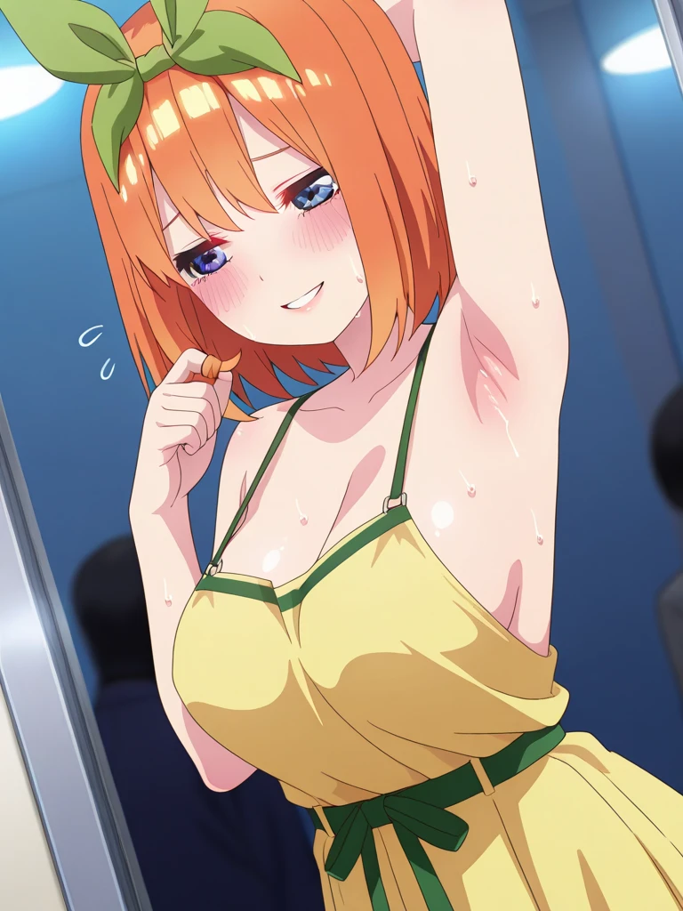 (1girl, solo:1.5),houjousatoko, blonde hair, short hair, hairband, Purple eyes, ,nsfw , large breasts, nipple, Walking, , ,ShoppingMall, , frozen, (Sweating profusely, Love juice, Wet Woman, female ejaculation) smile,, Naked, Blind ,Temptation, Blank look, empty eyes, solo, Peeing, lactation, projectile lactation