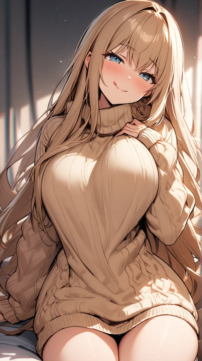 (Highest quality、Masterpiece、Very detailed、8K)、One Woman、18-year-old、Big Breasts、Virgin-killing sweater、((sitting cross-legged))、((indian style))、(sitting)