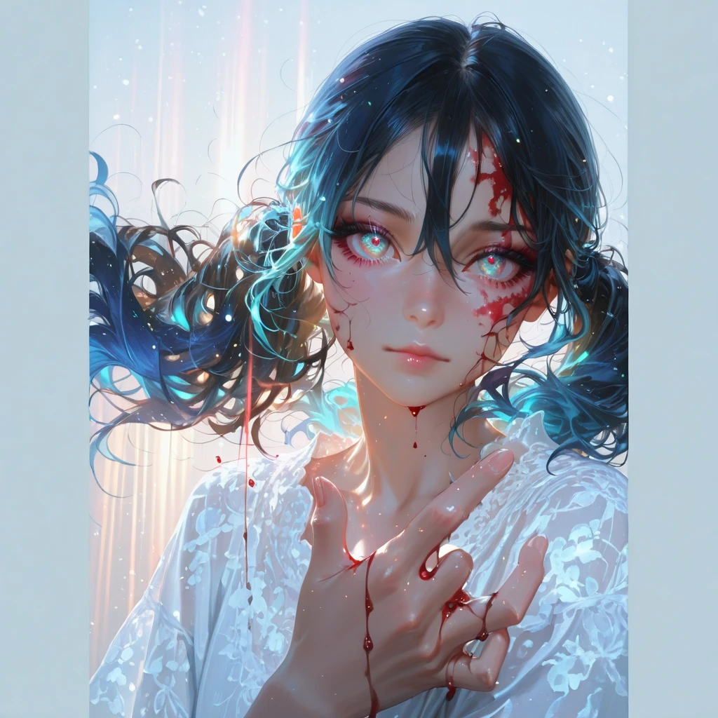 (from thigh up: 1.2), (1 girl: 1.3), (detailed small face: 1.1), (detailed blue eyes: 1.1), (detailed small nose: 1.1), (detailed thin lips: 1.1), (black hair: 1.1), scarred, bleeding, one hand reaching out, textured skin,
background, pale light, grains of light, ripples, compass, spinning time, countless blades,