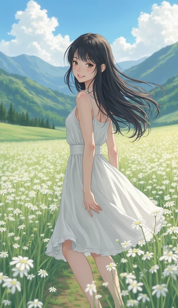 ((best quality)), ((masterpiece)), (detailed), 1girl, sexly, Long black hair,Clear Eyes,A kind smile,White dress,Straw hat,Sandals,Lush country road,On both sides are rice fields and flower gardens.,sunrise time,Twilight hours,Clear blue sky,A cool breeze is blowing